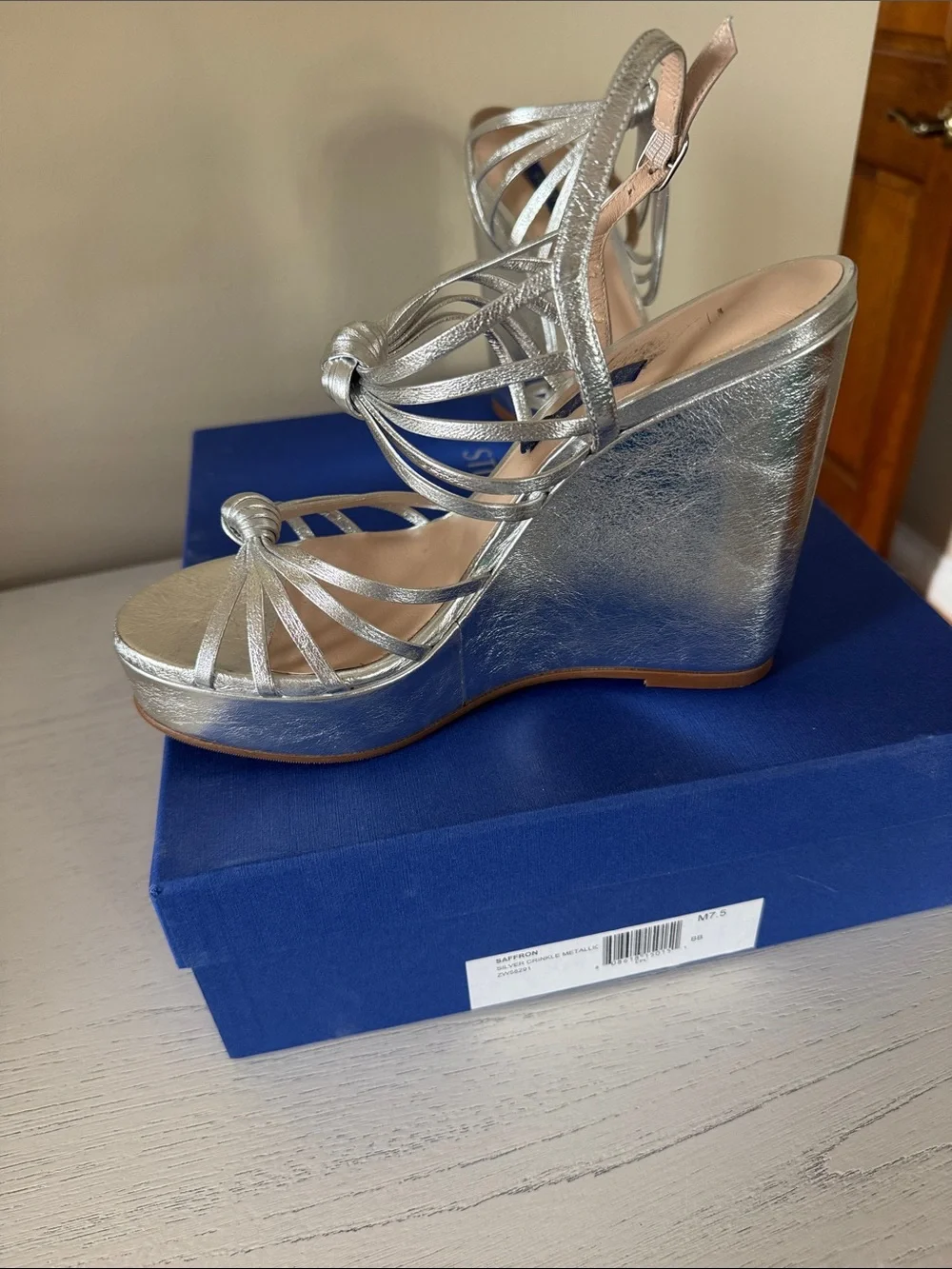 Stuart Weitzman Silver Metallic Saffron Strappy Wedge Sandals - Picture 9 of 11